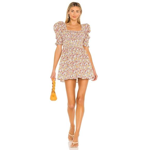 For Love & Lemons Libby Mini Dress in Orange Floral‎ Small Short Sleeve Lined